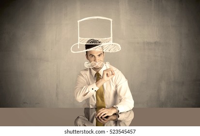 A Businessman In Modern Stylish Elegant Suit Standing On A Small Ladder And Drawing Pie And Block Charts On Grey Wall Background With Exponential Progressing Curves, Lines, Circles, Angles, Numbers