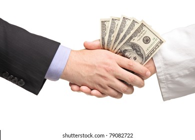 Businessman with money handshaking with doctor isolated on white background