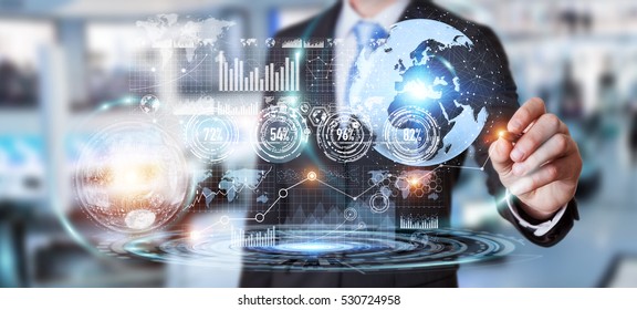 Businessman moving digital datas with a tactile pen on hologram screen 3D rendering