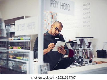 Businessman, multitasking and phone call with tablet for order, online enquiry or purchase at coffee shop. Man, waiter or barista with mobile smartphone or technology for customer service at cafe - Powered by Shutterstock