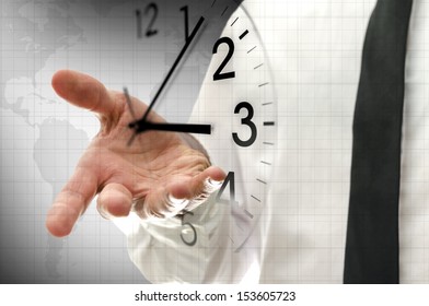 Businessman navigating virtual clock in interface. Concept of time management.