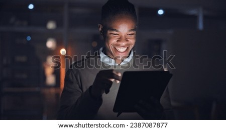 Businessman, night and tablet with smile in office, reading search with career progress in company. Black man, happy or touchscreen for email on project growth, web or feedback on startup expansion