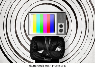Businessman with no signal vintage tv set instead of head on white circle pattern background. Vintage vehicles. Technologies and communication. Digital art.