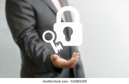 Businessman offers his hand in icon lock with key. Data Security Business Internet Concept. Secure information, files computer, finance, web, network. Access. Open, unlock lock.