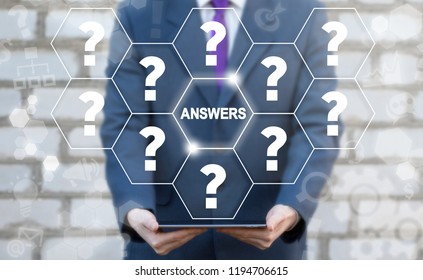 Businessman Offers A Tablet Pc With Answers Word And Questions On A Virtual Panel. FAQ, Support, Questions And Answer. Help Service Business Concept. Q&A, Discussion, Brainstorming.