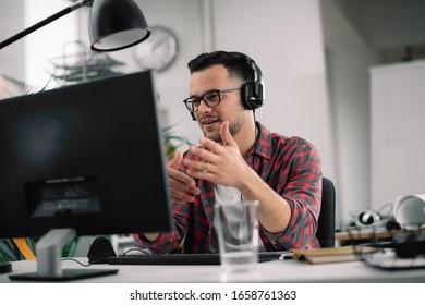 Businessman In Office. Man Having Video Call At Work. 