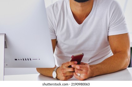 Businessman In The Office On The Phone With Headset, Skype