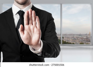 businessman in office room hand stop gesture - Shutterstock ID 275001506