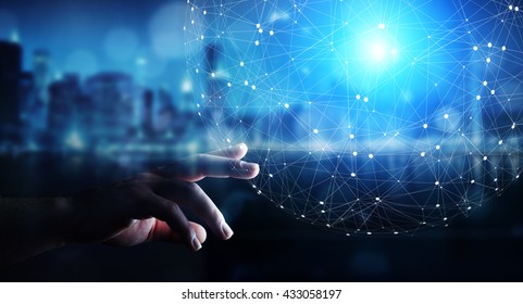 Businessman in office touching digital data network with his fingers - Powered by Shutterstock