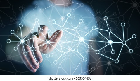 Businessman in office touching digital data network with his finger 3D rendering - Shutterstock ID 585334856