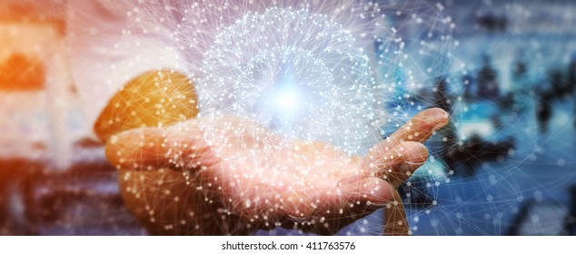 Businessman in office using digital data network