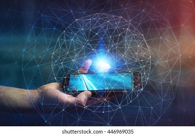 Businessman in office using digital data network with his mobile phone '3D rendering'