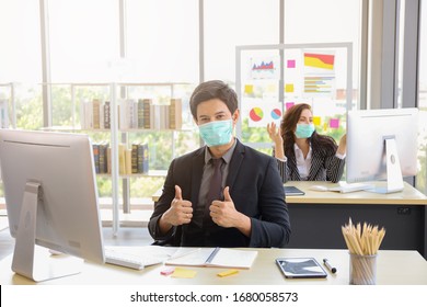 Businessman Or Office Worker Are Working And Wear Mask For Protect Covid-19 Or Corona Virus Disease But Business Must Be Continuous, Healthcare Concept 