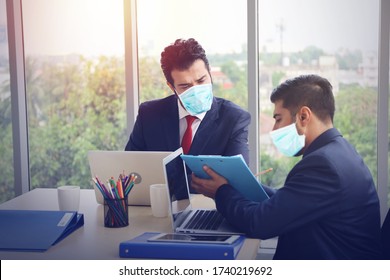 Businessman Or Office Worker Are Working And Wear Mask For Protect Covid-19 Or Corona Virus Disease But Business Must Be Continuous, Healthcare Concept 