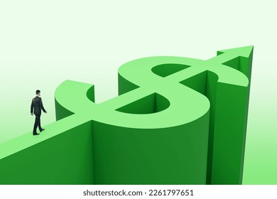 Hombre de negocios con una flecha abstracta de dólar verde sobre fondo blanco. Dinero, crecimiento, finanzas y concepto de éxito