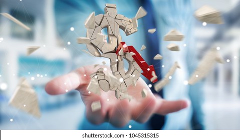 Businessman on blurred background with exploding dollar currency 3D rendering