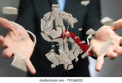 Businessman on blurred background with exploding dollar currency 3D rendering