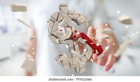 Businessman on blurred background with exploding dollar currency 3D rendering