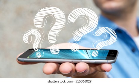 Businessman On Blurred Background Holding Hand Drawn Question Marks Over Mobile Phone