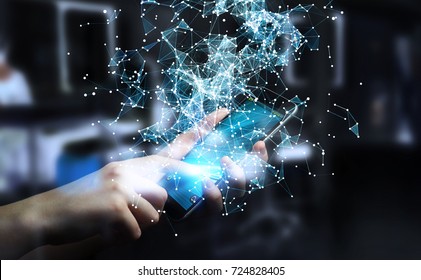Businessman on blurred background holding flying network connection over mobile phone 3D rendering