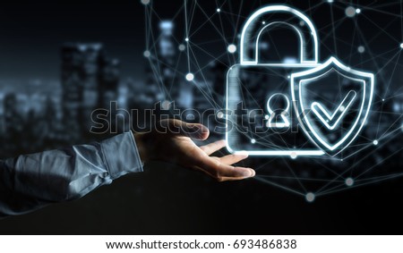 Businessman on blurred background holding a hand-drawn antivirus system