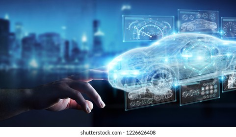 Businessman on blurred background modern smart car interface 3D rendering