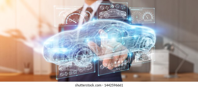 Businessman on blurred background modern smart car interface 3D rendering - Shutterstock ID 1442596661