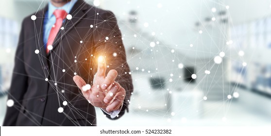 Businessman On Blurred Background Touching Flying Network Sphere 3D Rendering
