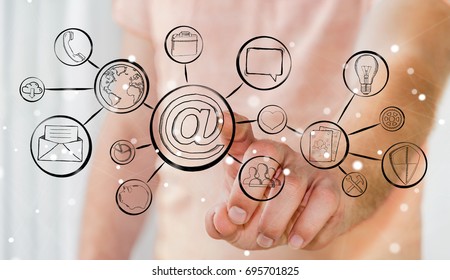 Businessman on blurred background touching multimedia hand-drawn interface