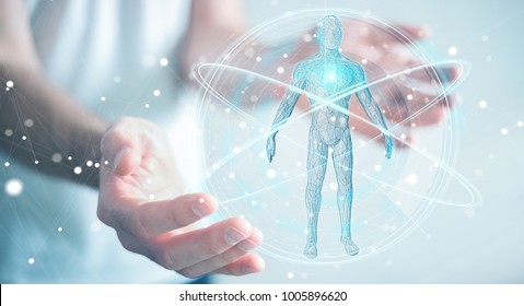 Businessman on blurred background using digital x-ray human body scan interface 3D rendering