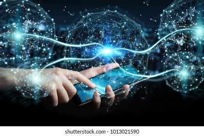Businessman on blurred background using digital network connection sphere with mobile phone 3D rendering - Shutterstock ID 1013021590