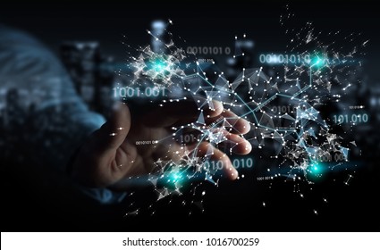 Businessman on blurred background using digital binary code connection network 3D rendering