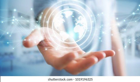 Businessman on blurred background using planet earth network sphere interface 3D rendering - Shutterstock ID 1019196325