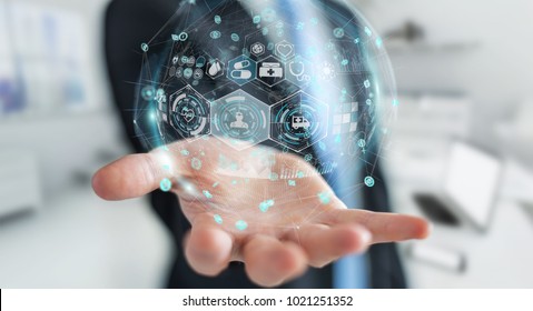 Businessman on blurred background using digital medical sphere 3D rendering
