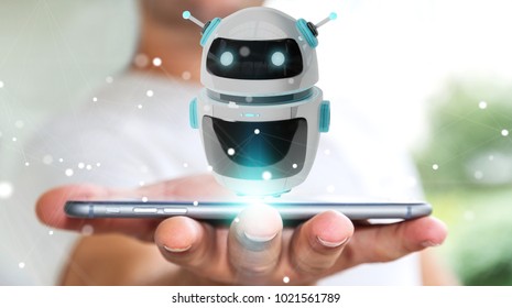 Businessman on blurred background using digital chatbot robot application 3D rendering - Shutterstock ID 1021561789