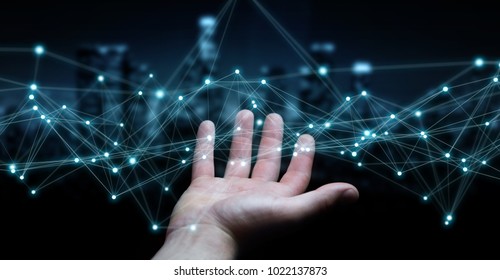 Businessman on blurred background using flying network connection 3D rendering