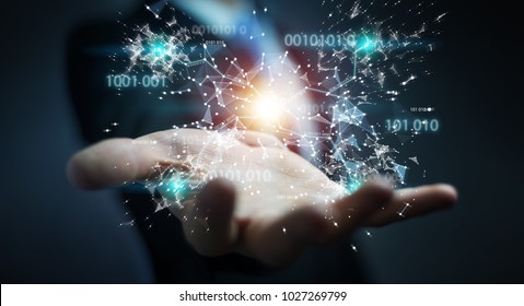 Businessman on blurred background using digital binary code connection network 3D rendering