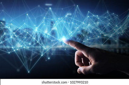 Businessman on blurred background using flying network connection 3D rendering