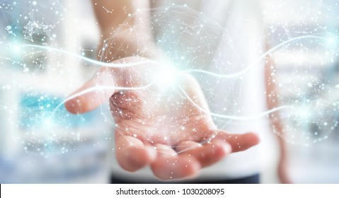 Businessman on blurred background using digital network connection sphere 3D rendering - Shutterstock ID 1030208095