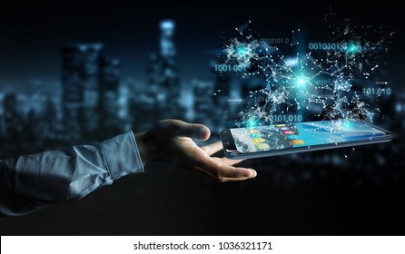 Businessman on blurred background using digital binary code on mobile phone 3D rendering - Powered by Shutterstock - Get 15% off with code: PIKWIZARD15