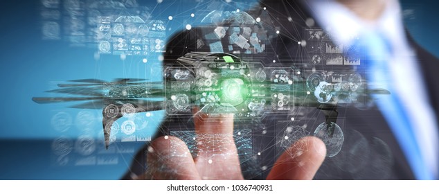 Businessman on blurred background using modern drone 3D rendering - Shutterstock ID 1036740931