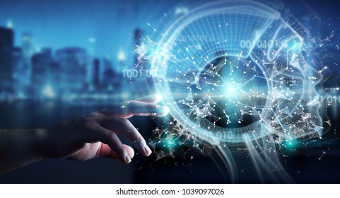Businessman on blurred background using digital artificial intelligence interface 3D rendering - Shutterstock ID 1039097026