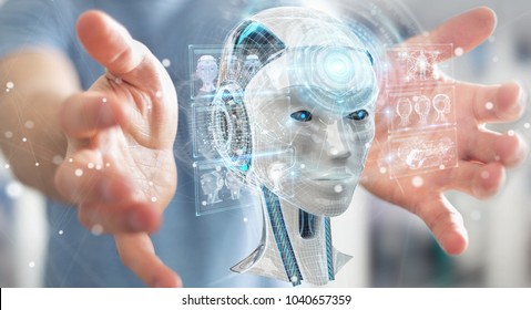 Businessman on blurred background using digital artificial intelligence interface 3D rendering - Shutterstock ID 1040657359