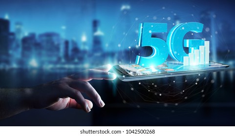 Businessman On Blurred Background Using 5G Network With Mobile Phone 3D Rendering