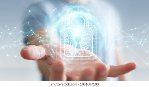 Businessman On Blurred Background Using Digital Padlock With Data Protection 3D Rendering