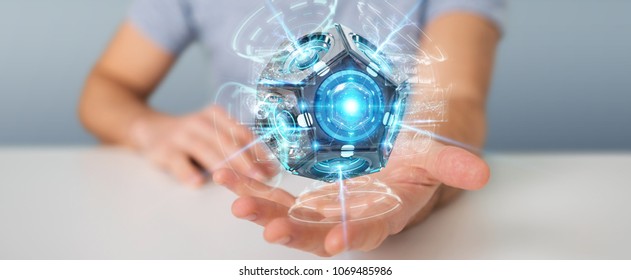 Businessman on blurred background using futuristic drone security camera 3D rendering