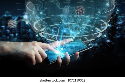 Businessman on blurred background using globe network with digital connection 3D rendering - Shutterstock ID 1072159352