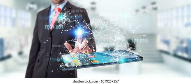 Businessman on blurred background using digital binary code on mobile phone 3D rendering