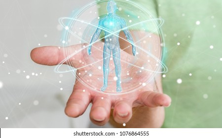 Businessman On Blurred Background Using Digital X-ray Human Body Scan Interface 3D Rendering