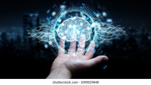 Businessman on blurred background using digital artificial intelligence icon hologram 3D rendering - Shutterstock ID 1090029848